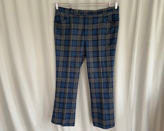 Mens blue plaid 1970s pants, blue plaid disco pants, 1970s plaid slacks, big and tall disco pants, flat front plaid pants, size 44 waist