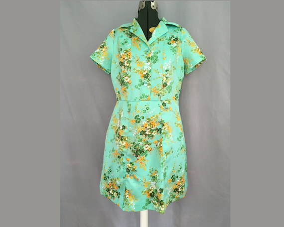 Blue Green Floral Polyester Dress Housecoat