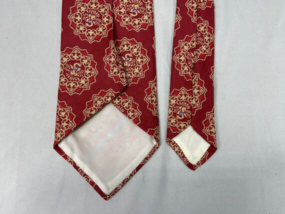 Red polyester necktie, peacock pattern, wide burg… - image 4