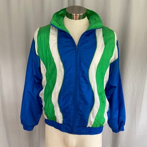 1970s blue green athletic windbreaker, 70s lightweight nylon jacket, vintage colorblock jacket, vintage sports jacket, size medium
