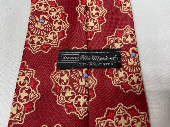 Red polyester necktie, peacock pattern, wide burg… - image 5