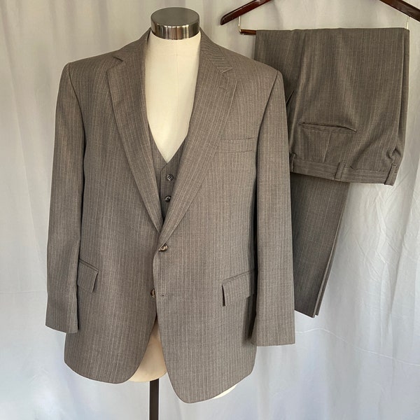 Men's light brown three-piece pinstripe suit, mens vintage pin stripe suit, vintage pinstripe suit with vest, size 44 jacket, 39 x 29 pants