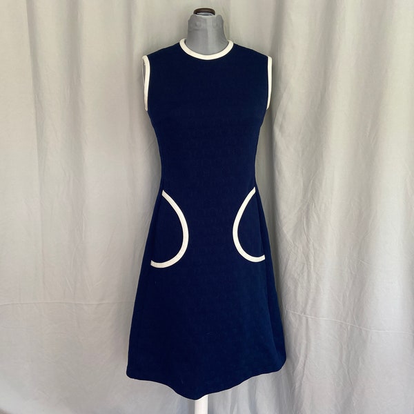 Blue 1960s dress with white trim, navy 60s short dress, groovy 1960s polyester dress, dark blue mod dress, short sleeveless go-go dress