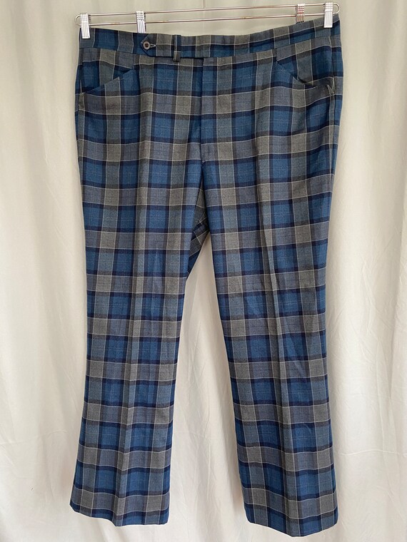 Mens blue plaid 1970s pants, blue plaid disco pan… - image 2