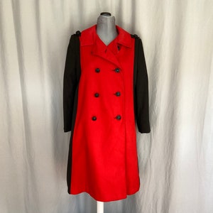 Womens Red and Black 1960s mod coat, 1960s womens raincoat, womens double-breasted jacket, 60s womens red coat with epaulettes