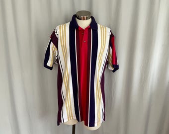 Mens vintage polo shirt, vertical stripes, large cotton striped polo, 90s red and white striped polo, 1990s short sleeved striped shirt, new