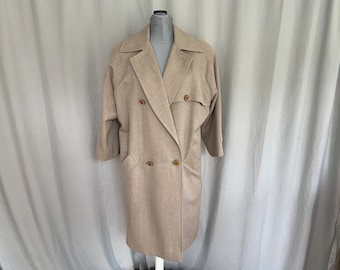 Vintage beige womens long trench coat, J Tiktiner Made in France, tan ladies belted rain coat, double breasted wool trench coat