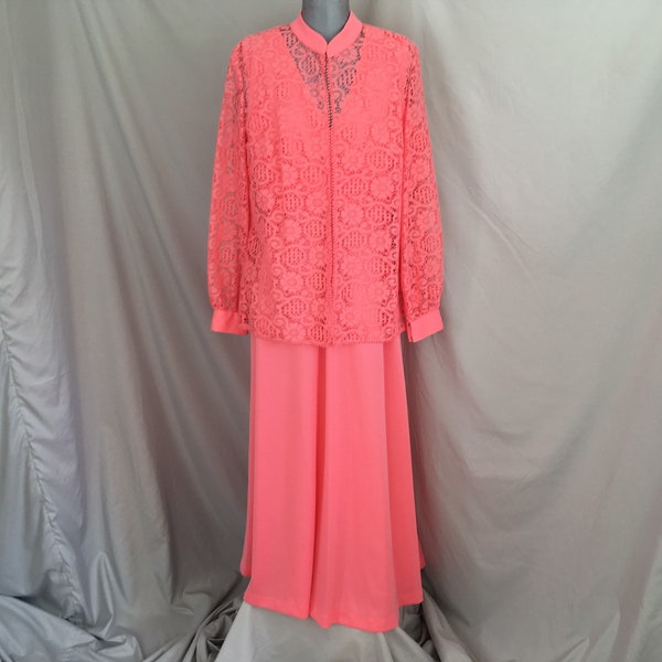 Coral two piece long hostess gown, fabulous 1960s or 1970s long polyester gown with matching lace jacket.  Beautiful formal orange dress.