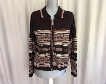 Brown zip-front cardigan sweater with woven pattern, brown zippered ski sweater, wool blend collared cardigan, size medium