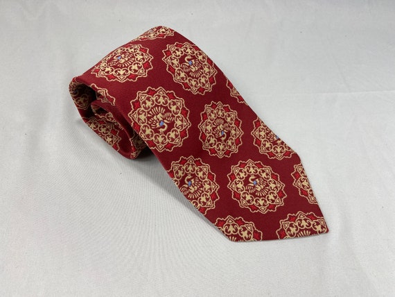 Red polyester necktie, peacock pattern, wide burg… - image 1