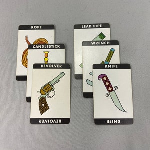 Lot of 6 Clue board game replacement cards, Clue weapons cards from 1963, Clue Detective Game replacement parts