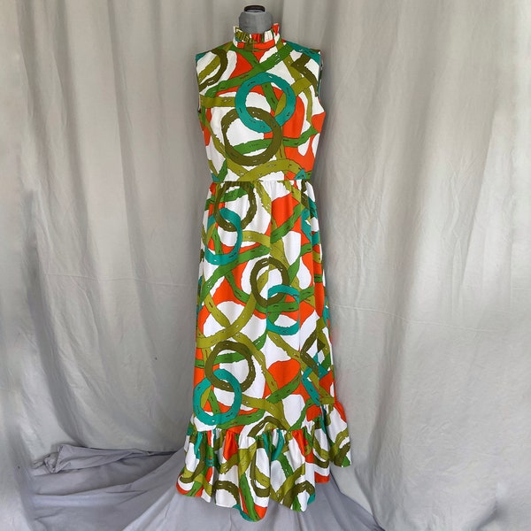 Stunning 1960s or 1970s bright sleeveless hostess dress, larger size, vintage mod floor length dress with bright colors, mid-century dress