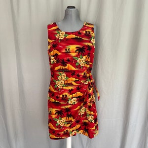 Orange and red tropical print Hawaiian dress, cotton wrap around sundress, made in Hawaii, sleeveless wrap-front muumuu, red beach dress.