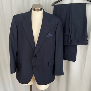 Navy pinstripe suit, vintage navy striped suit, 1980's(?) lawyer suit, dark blue single breasted suit, Size 44 jacket, Size 42 waist