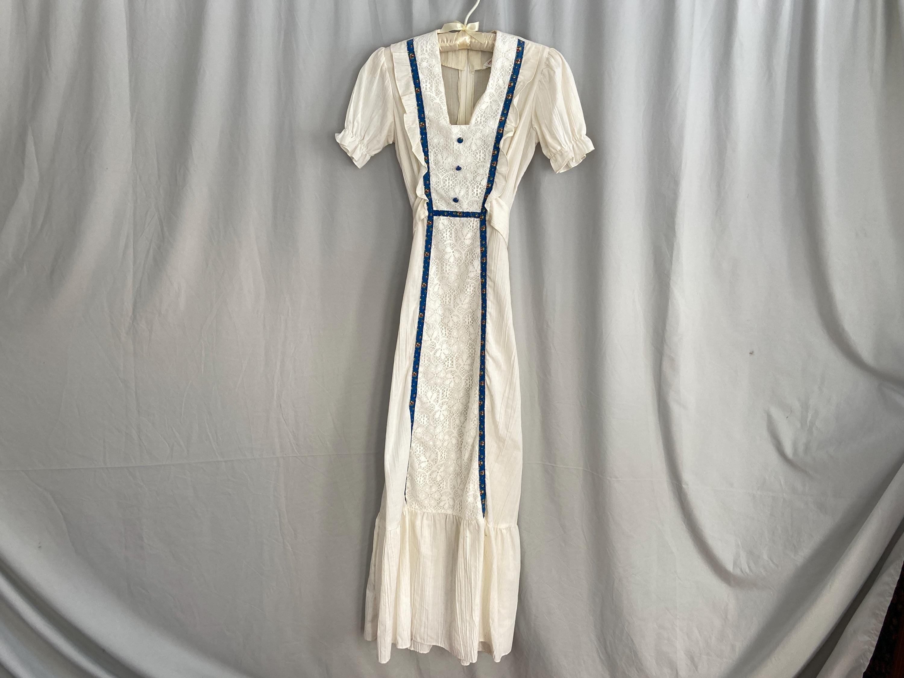 1970s Long Prairie Dress, Vintage Maxi Dress, Beige and Blue Cottagecore  Dress With Lace, Short Sleeved Long Casual Dress, Size Small - Etsy