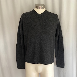 May include: A dark gray V-neck sweater displayed on a mannequin. The sweater has long sleeves and a slightly textured appearance. The neckline is a classic V-shape, and the overall style is simple and versatile.