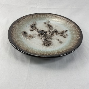 May include: A ceramic plate with a dark brown rim and a light blue and brown center. The center of the plate has a textured, dark gray design. The plate is round and has a slightly raised edge.