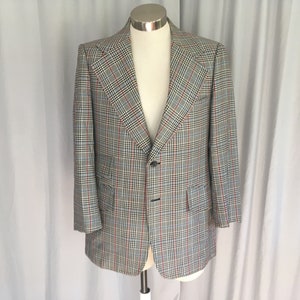 Black white and red plaid mens sport coat with wide lapels, black and white checked blazer, plaid suit jacket Size 40