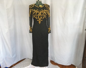 Gold and Black Laurence Kazar Gown, long black beaded gown, vintage beaded formal dress, long-sleeved beaded 1980s dress with shoulders