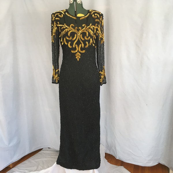 Gold and Black Laurence Kazar Gown, long black beaded gown, vintage beaded formal dress, long-sleeved beaded 1980s dress with shoulders