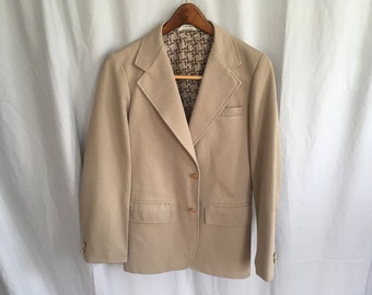 Beige polyester sport coat, small tan polyester blazer with gold buttons, youth tan sport coat, boys beige vintage blazer