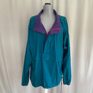 Blue green 1980s windbreaker, teal lightweight half-zip jacket, 80s colorblock jacket with blue green and purple, 80s athletic jacket