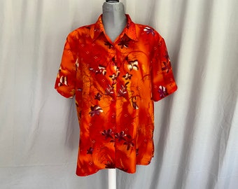 Orange Hawaiian blouse, tropical orange short sleeved womens shirt, bright orange floral womens top, plus size womens Hawaiian shirt