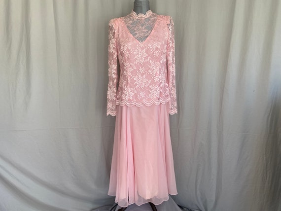 Vintage pink lace 1980 prom dress, pink 1980s par… - image 1