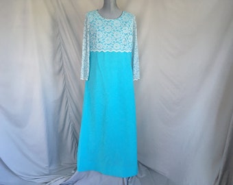 Blue 1970s floor length hostess dress with lace top, bright blue long formal 1970s gown, groovy long blue 70's lace polyester dress