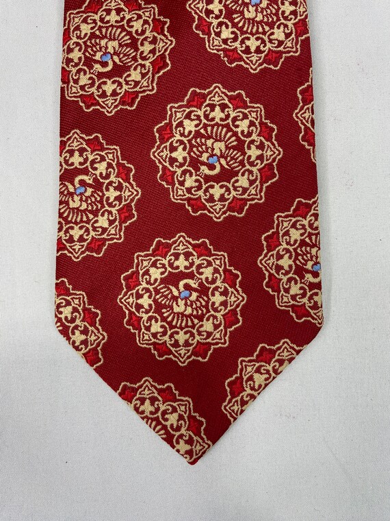 Red polyester necktie, peacock pattern, wide burg… - image 2