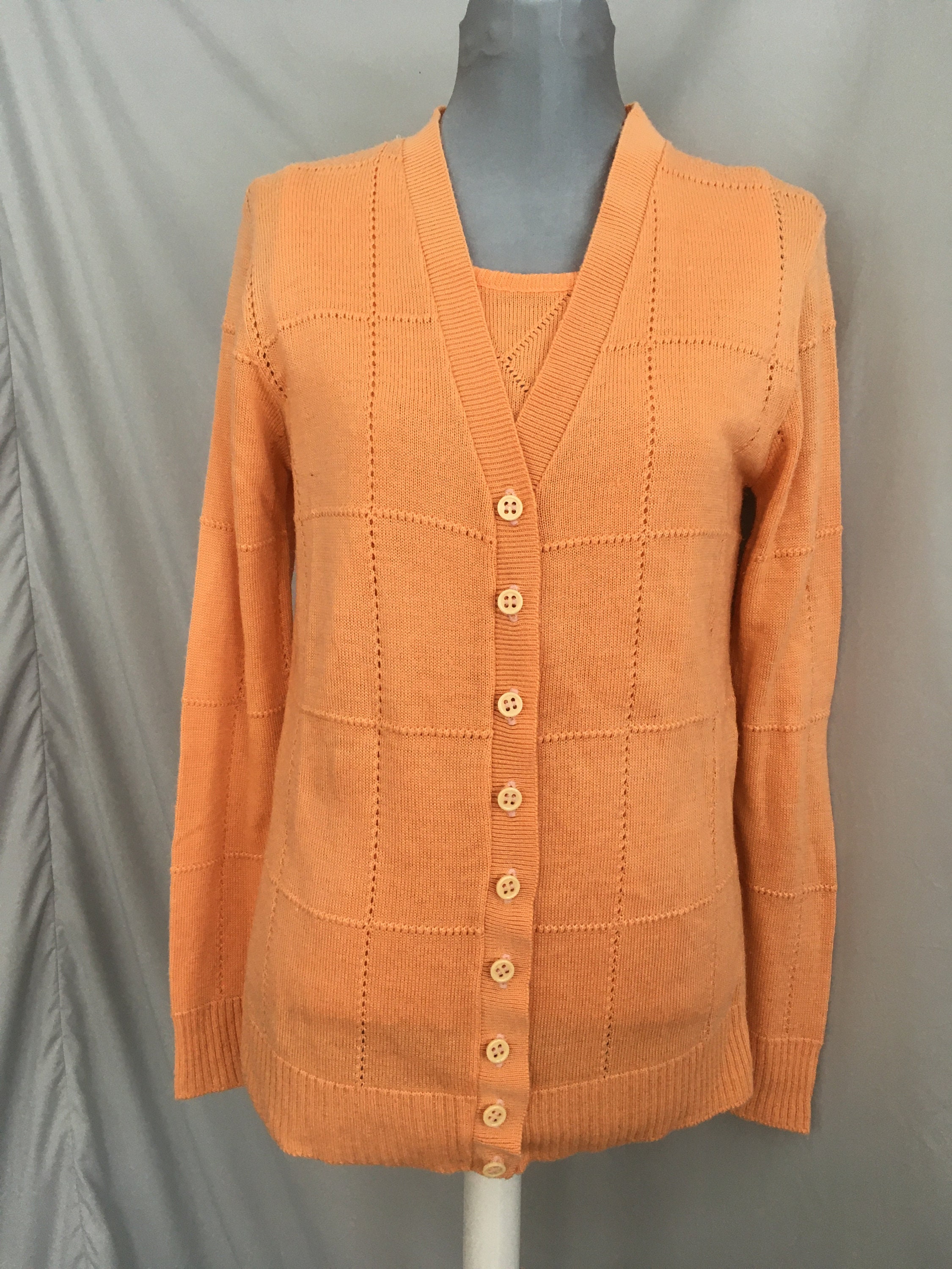 LilChickenVintage Orange Ladies Twin Set, Matching Cardigan and Camisole, Peach Sweater Set, Sleeveless Sweater with Matching Button Up, Ladies Orange Shirt