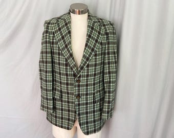 Vintage green plaid tweed sport coat, nerdy green and brown plaid suit jacket, mens vintage plaid blazer, mens size 38 jacket, wide lapels