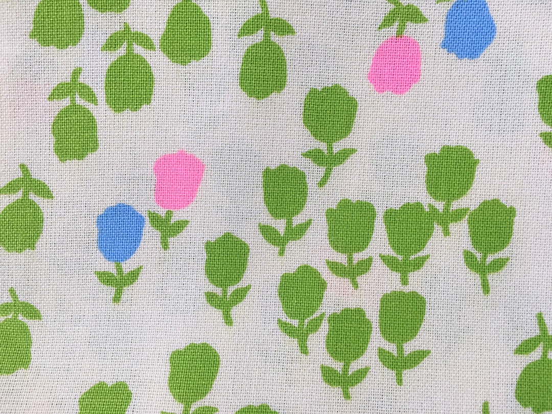 Green Pink Blue Tulip Fabric, Natural Fiber Decorator Fabric, Floral Vintage Fabric Etsy UK