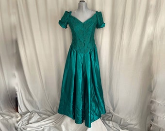 Green satin 80s prom dress, teal 1980s prom dress with lacey bodice, short sleeved 80s bridesmaid dress, off the shoulder 80s prom dress