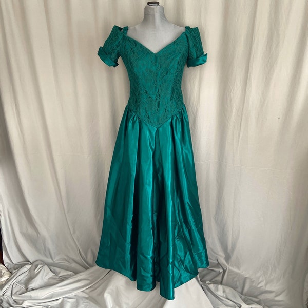 Green satin 80s prom dress, teal 1980s prom dress with lacey bodice, short sleeved 80s bridesmaid dress, off the shoulder 80s prom dress