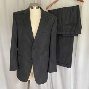 Gray wool pinstripe suit, Hart Schaffner and Marx Gold Trumpeter, pleated front, suspender buttons, 42R jacket, 32W x 31L pants