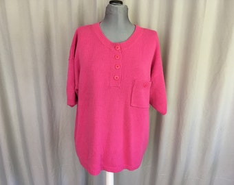 Pink plus-size 1980's sweater, womens short sleeved bright pink pullover sweater, large 80's womens sweater