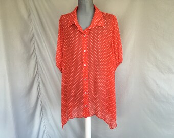 sheer red button up shirt