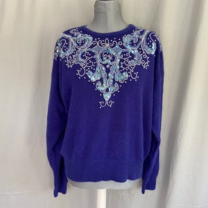 Womens blue sequined 1980s sweater, vintage silk and angora sweater with pearl beads and sequins, purple 80s sweater, vintage angora sweater