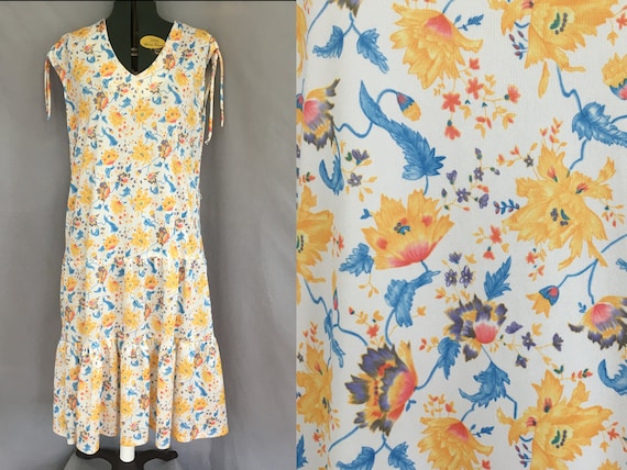 1980s yellow floral dress, plus size 80s vintage … - image 1