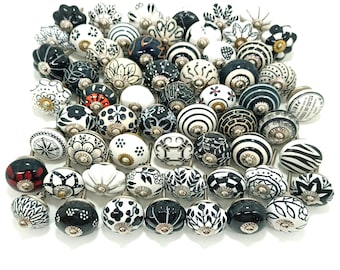 Hand-Painted Ceramic Drawer Knobs, Black and White Vintage Style