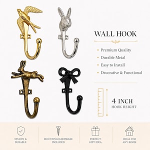 May include: Four decorative wall hooks. The hooks are made of metal and feature various designs, including a bird, a rabbit head, a running rabbit, and a bow. The hook height is 4 inches.