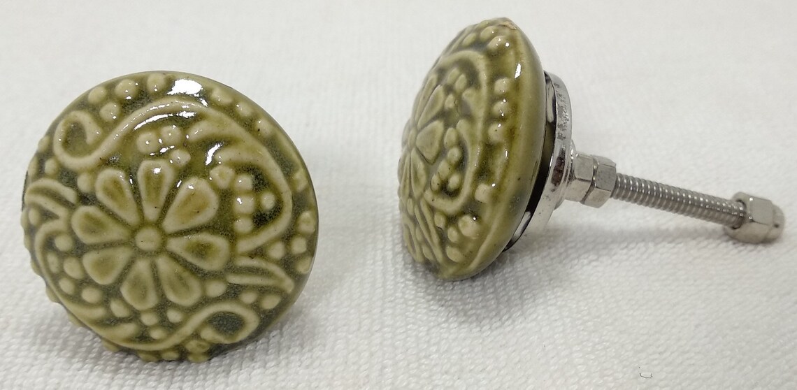 Olive Green Vintage Ceramic Door Knobs Handpainted Kitchen Etsy