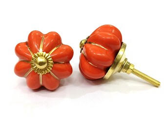 Orange Pumpkin Ceramic Drawer Knob, Decorative Cabinet Pull