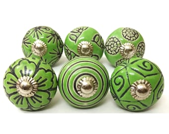 Green Ceramic Knobs, Vintage Kitchen Cabinet Hardware