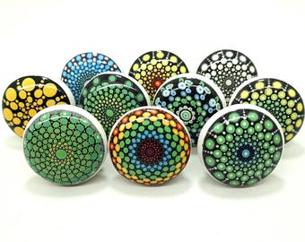Multicolor Mandala Ceramic Cabinet Knob, 1.5" Diameter