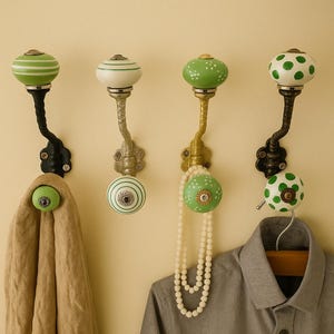 Ganchos de pared verdes estilo shabby chic – Percheros de cerámica con pomo – Perchero decorativo para el hogar