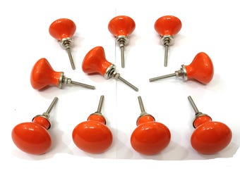Orange Ceramic Knobs, Handpainted Vintage Cabinet Hardware
