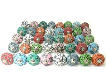 Puxadores de porta de cerâmica pintados à mão, ferragens de armário vintage multicoloridas