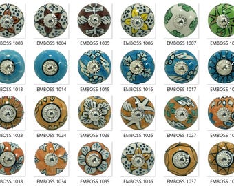 Hand Painted Ceramic Knobs | Floral Embossed Cabinet Drawer Pulls | Vintage Furniture Hardware